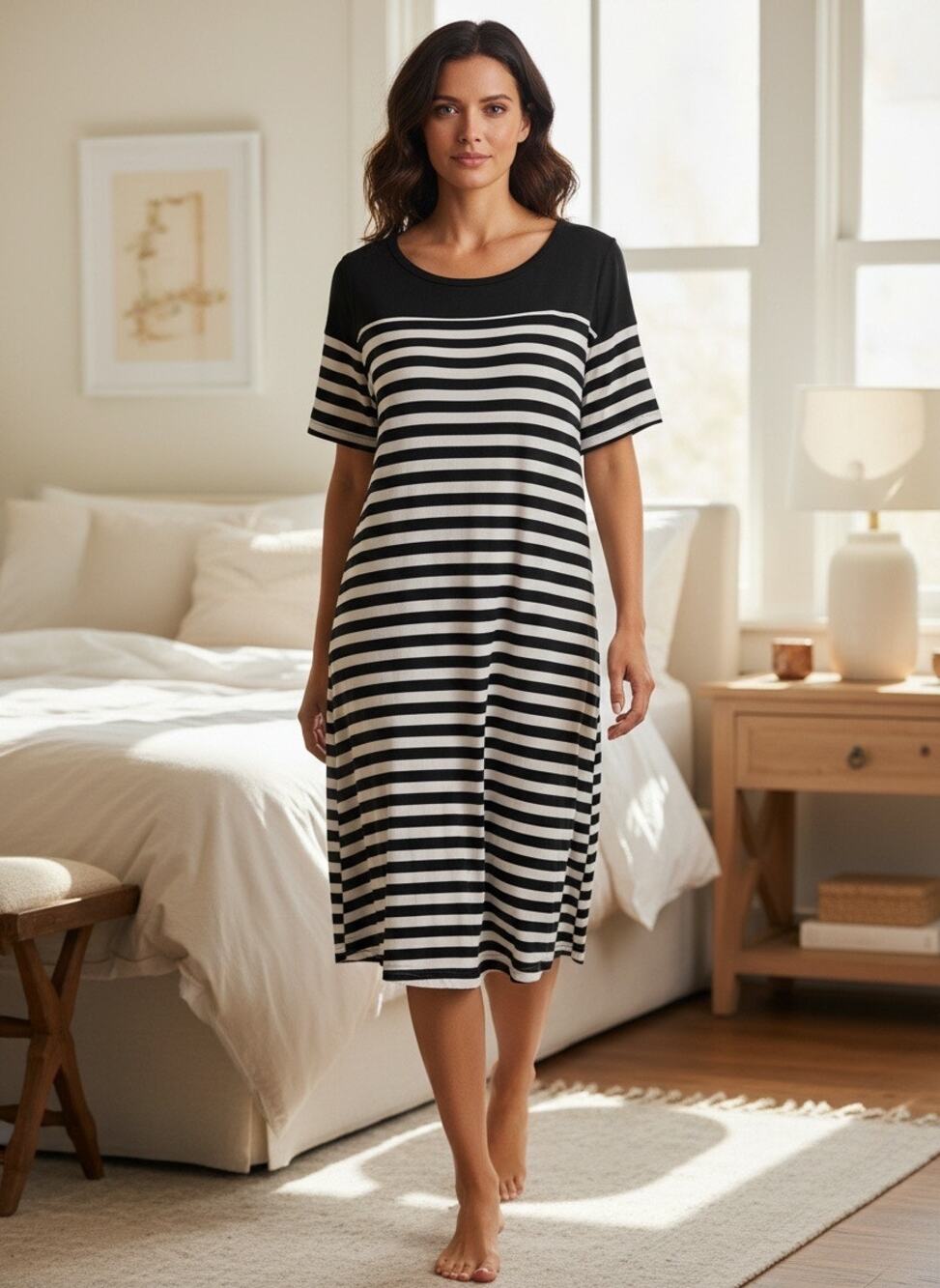 Zenana Outfitters Black and White Stripe Dress Black Yoke Size Medium NWOT